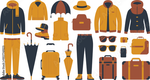 Stylized Flat Illustration Fashionable Clothing, Accessories, and Luggage for Men and Women