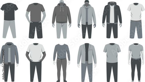 Variety of Gray Scale Men's Casual Clothing Illustration with Shirts, Pants, Jackets, and Hoodies
