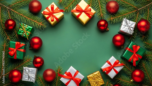 Festive christmas gifts and ornaments arranged around a green background