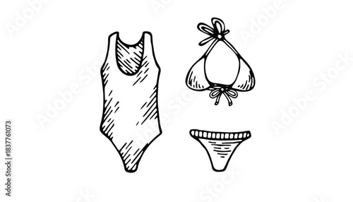 A swimsuit and bikini set are illustrated on a white background.