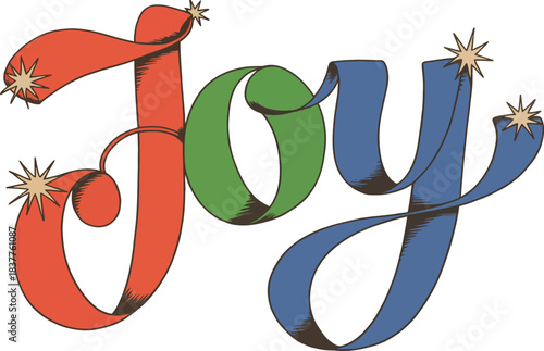 Joyful Ribbon Display: A vibrant, handcrafted illustration spelling out the word Joy with colorful, ribbon-like letters, exuding a sense of festivity and delight.