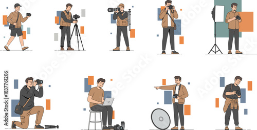 Professional photographer character in multiple studio activities