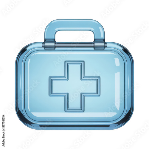 First aid kit icon in blue glass texture for medical care and health