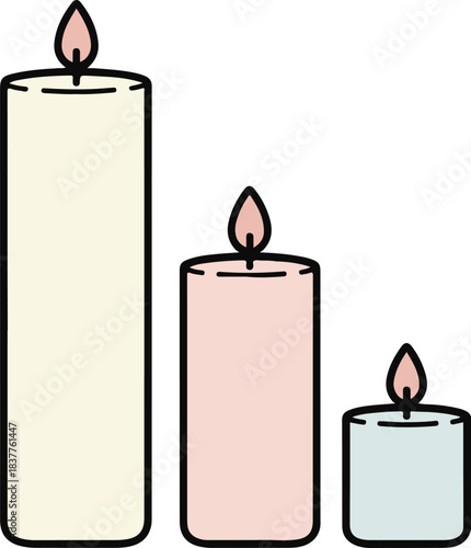 A trio of stylized candles, glowing softly with warm, flickering flames, creating a serene and inviting atmosphere perfect for relaxation