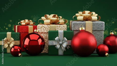Festive christmas gifts and ornaments on a green background