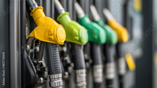 Close up of colorful fuel pump nozzles at a gas station, showing refueling equipment, energy industry concept, transportation infrastructure, and modern urban service.