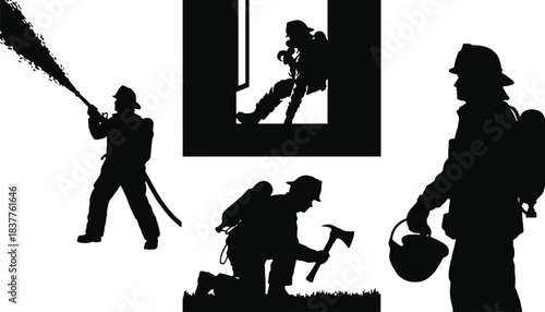 Silhouettes of firefighters performing various rescue and firefighting tasks.