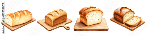 A variety of freshly baked loaves of bread displayed on wooden boards, showcasing different shapes and textures.