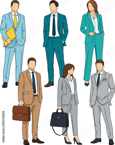 Business people illustration, corporate attire, professional fashion, office team, workplace diversity, suit style, career concept, formal wear, business look