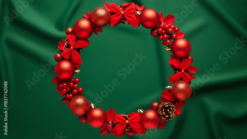 Oval christmas wreath with red ornaments and poinsettias on green fabric