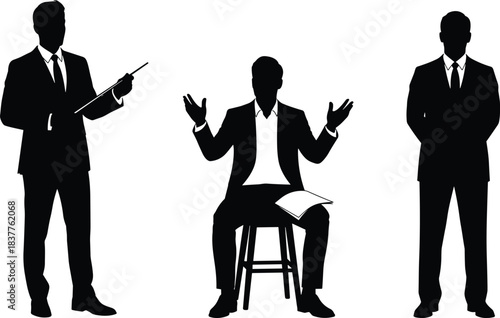 Business people silhouettes, presentation teacher shadow, man explaining with pointer, seated reader pose, professiona
