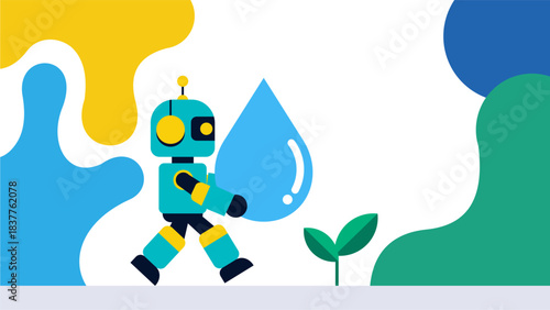 Mini Eco Robot Water Carrier - Modern Flat Illustration - World Water Day