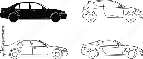 Car silhouette set, sedan and hatchback outlines, sports coupe vector, automobile icons, vehicle profile collection, transport design elements, black vector graphic, minimal illustration