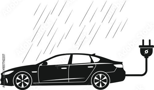 Electric car charging during heavy rain, concept of weatherproof ev charging infrastructure, isolated on white