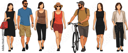 Casual people walking, urban fashion, diverse outfits, summer clothing, street style, lifestyle illustration, trendy characters, modern attire, outdoor activity, accessories