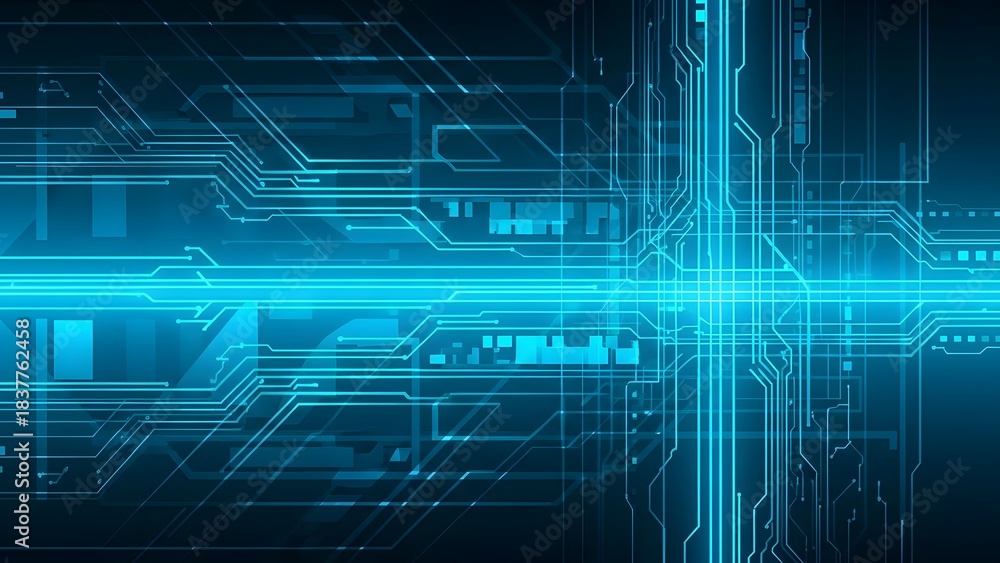 Obraz premium Abstract, high-tech background featuring glowing lines and geometric shapes resembling a digital circuit board, motherboard, or data pathways. Dominated by bright electric and cyan blue light against 
