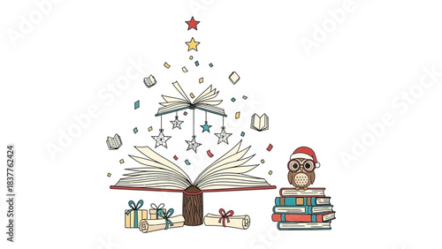 Enchanting Literary Christmas: A whimsical Christmas tree crafted from open books, adorned with festive stars and ornaments. A wise owl in a Santa hat sits atop a stack of literary treasures.