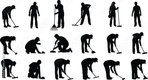Cleaning worker silhouettes, sweeping poses, janitorial action, manual labor illustration, ergonomic posture, sanitation task, black figures, occupational design asset