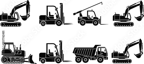 Construction equipment silhouettes, excavator, forklift, telehandler, bulldozer, crane truck, dump truck, industrial machinery icons
