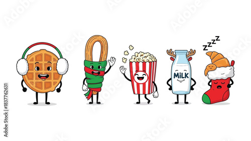 Festive Food Characters' Holiday Cheer: A collection of charming food characters, each adorned with festive accessories, radiate holiday cheer.