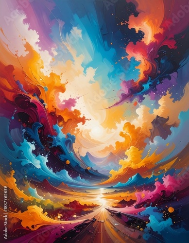 Vibrant abstract painting of colorful clouds and light