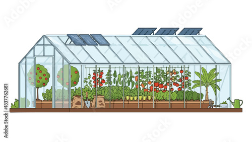 Greenhouse with plants and solar panels