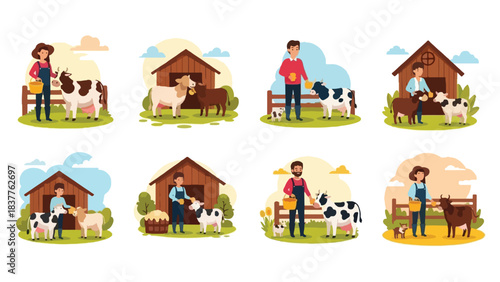 Farmers with cows and farm buildings