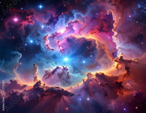 Vivid cosmic display with nebula swirls, stars, and radiant light