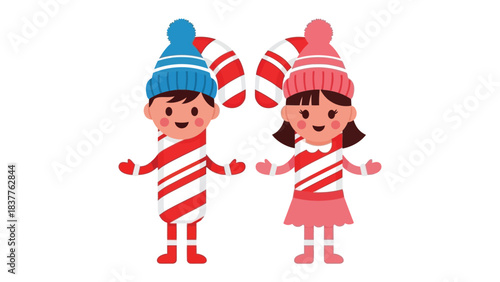 Sweet Holiday Characters: Cheerful figures embody the festive spirit, adorned in candy cane costumes and winter hats, offering a taste of holiday sweetness.