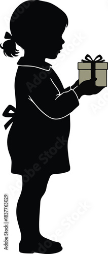 A delightful silhouette illustration of a young child holding a beautifully wrapped gift, symbolizing innocence, generosity, and the joyous spirit of giving and receiving