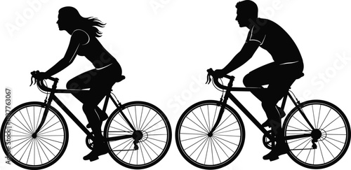 Cycling silhouette, two people riding bikes, outdoor activity, road bicycle motion, fitness lifestyle, healthy transportation, scenic exercise, sports concept