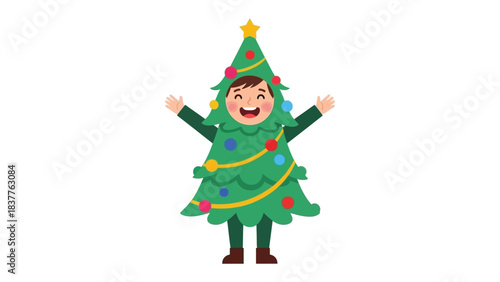 Festive Christmas Tree Costume: A joyful person dressed in a vibrant, festive Christmas tree costume spreads holiday cheer with open arms, radiating warmth and excitement.