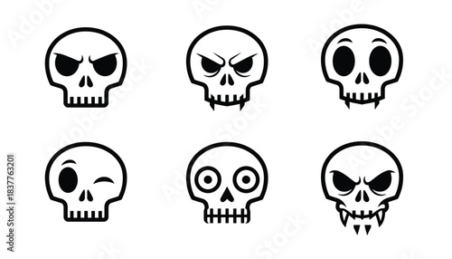 Six cartoon skulls with different facial expressions on a white background.