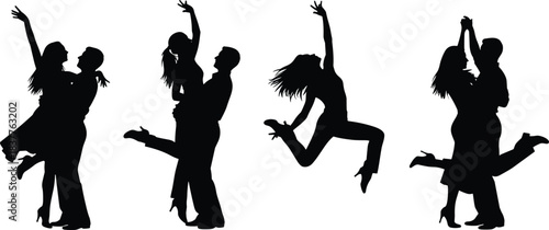 Dance silhouette poses, couple lifts, solo dancer motion, expressive choreography, performance art, graceful movement, stage energy, artistic dance reference