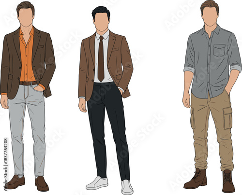 Collection of Three Men's Fashion Styles Featuring Business Casual Blazer, Tie Attire, and Rugged Cargo Pants Look Vector Illustration for Clothing Concepts.