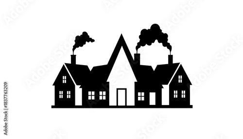Silhouette of a symmetrical house with smoke coming from chimneys.