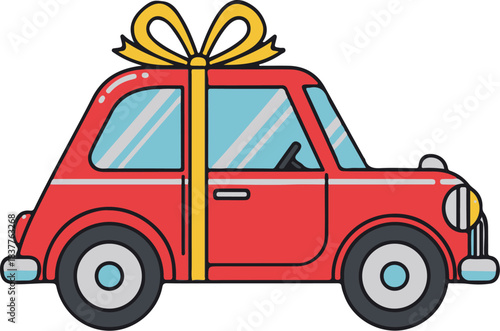 Charming cartoon red car adorned with a vibrant yellow bow, symbolizing a delightful gift or special celebratory surprise, perfect for automotive rewards, birthday presents, or holiday promotions