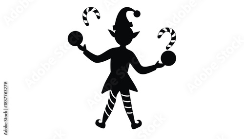 A silhouette of an elf juggling candy canes and balls