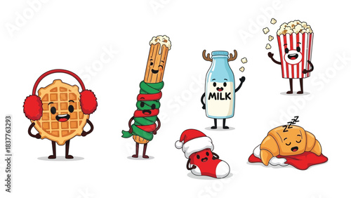 Festive Food Collection: A cheerful group of food items dressed up in holiday attire, each with a unique personality and charm, ready to bring smiles and festive cheer.