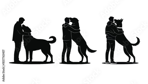 Silhouettes of a person and dog embracing in three different poses.