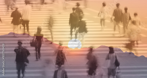 Blurred People City Crowd at Crosswalk with Sunset Morning setting 