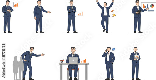Businessman character performing multiple corporate activities