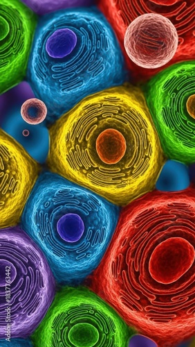 Colorful detailed close up of human cells with nucleus