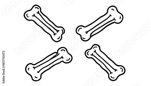 Four white dog bones are arranged in a square pattern on a white background.