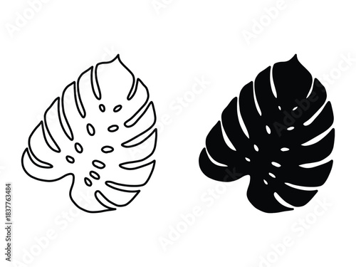 Tropical Monstera Leaf Clipart. Outline and Solid Vector Set