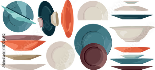Assorted Stacked Plates Bowls and Serving Dishes in Various Colors tableware