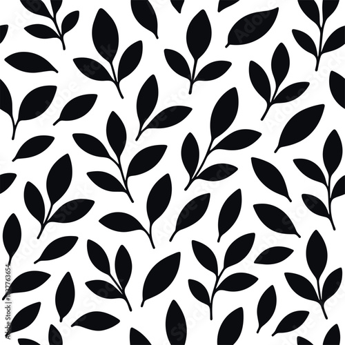 Black leaf pattern on white background seamless repeating botanical motif leaves