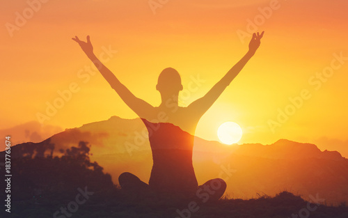 Canvas Print Woman Silhouette Arms Raised at Sunrise – Freedom, Meditation, Success Concept