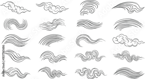 Collection of black and white stylized cloud and wave line art elements wind water