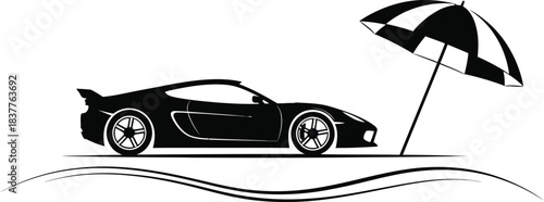 Black silhouette of a modern sports car parked under a beach umbrella, isolated on white background, vector illustration